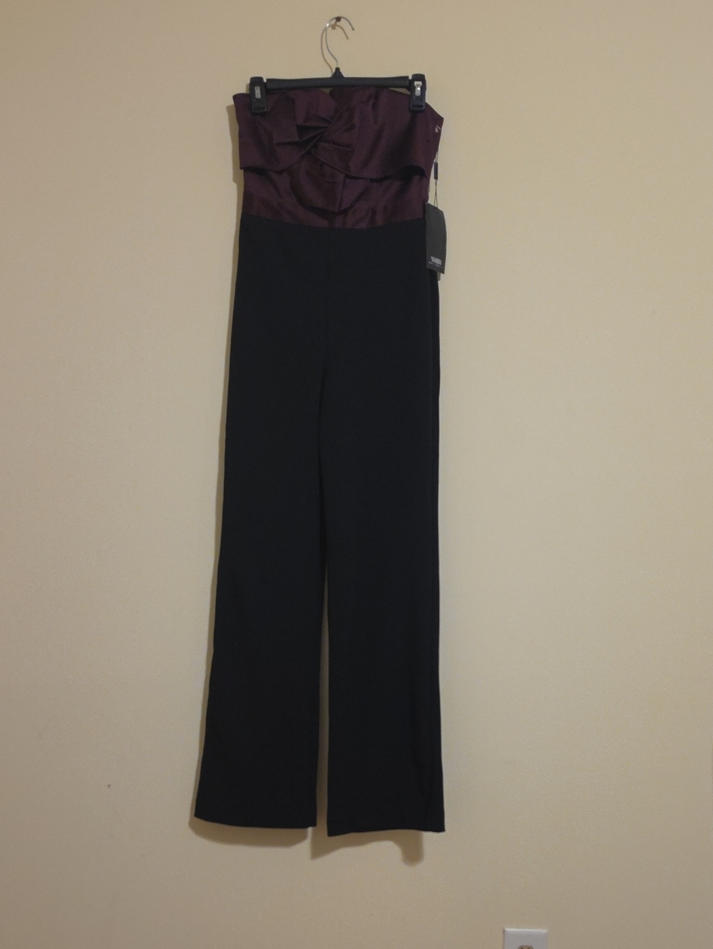White House Black Market Strapless Two-Tone Jumpsuit in Plum and Black
